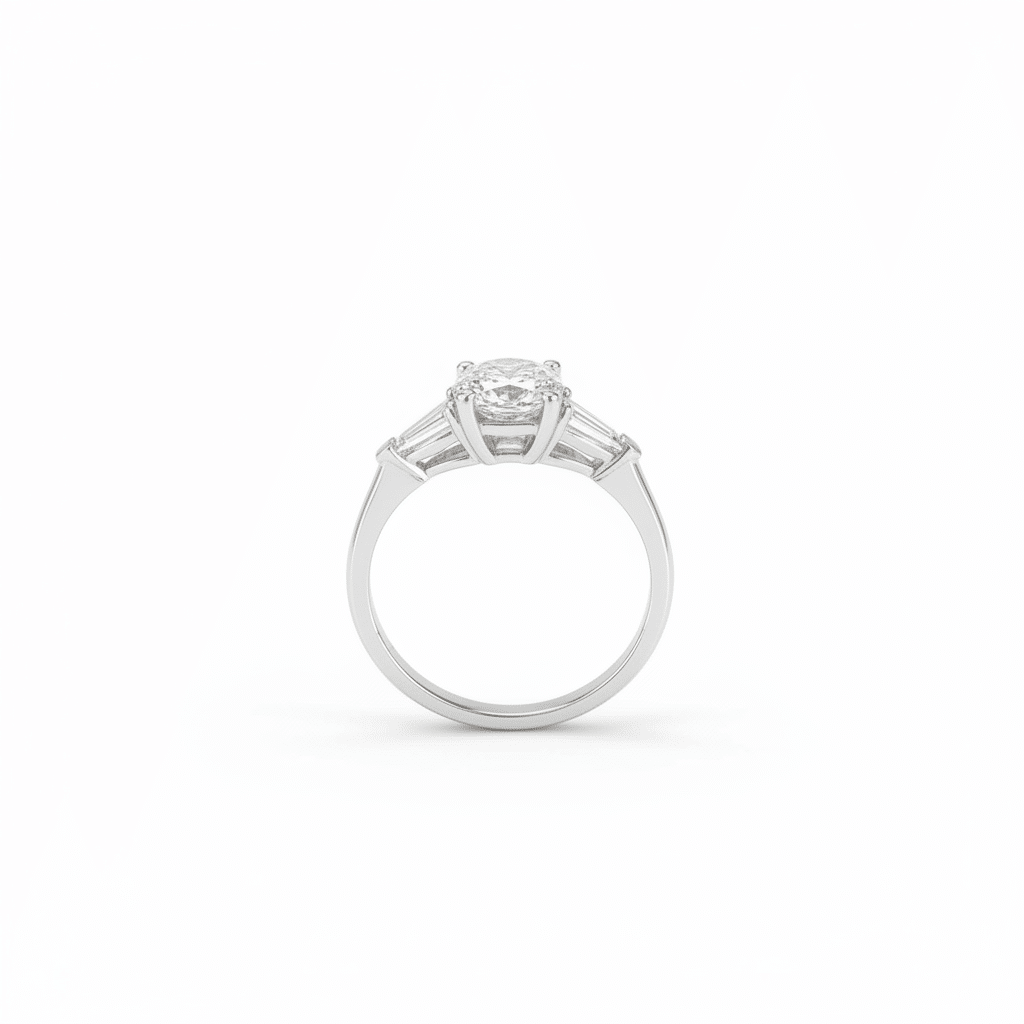 Lab Grown Diamonds 9CT white gold ring with 1CT round pear-shaped diamond, elegant jewelry design.