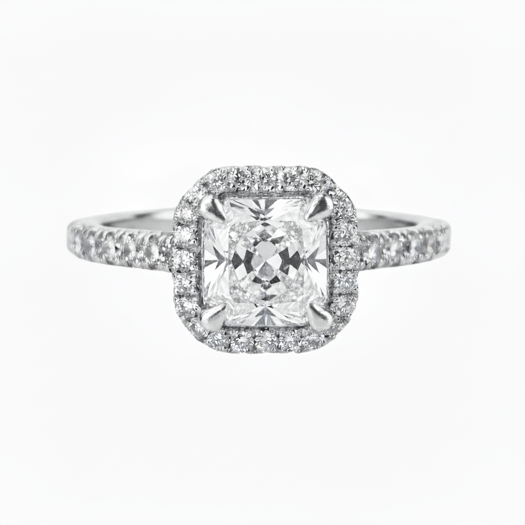 Lab grown diamond 9ct white gold ring featuring a 1ct Asscher cut diamond, showcasing elegant craftsmanship and sparkling brilliance.