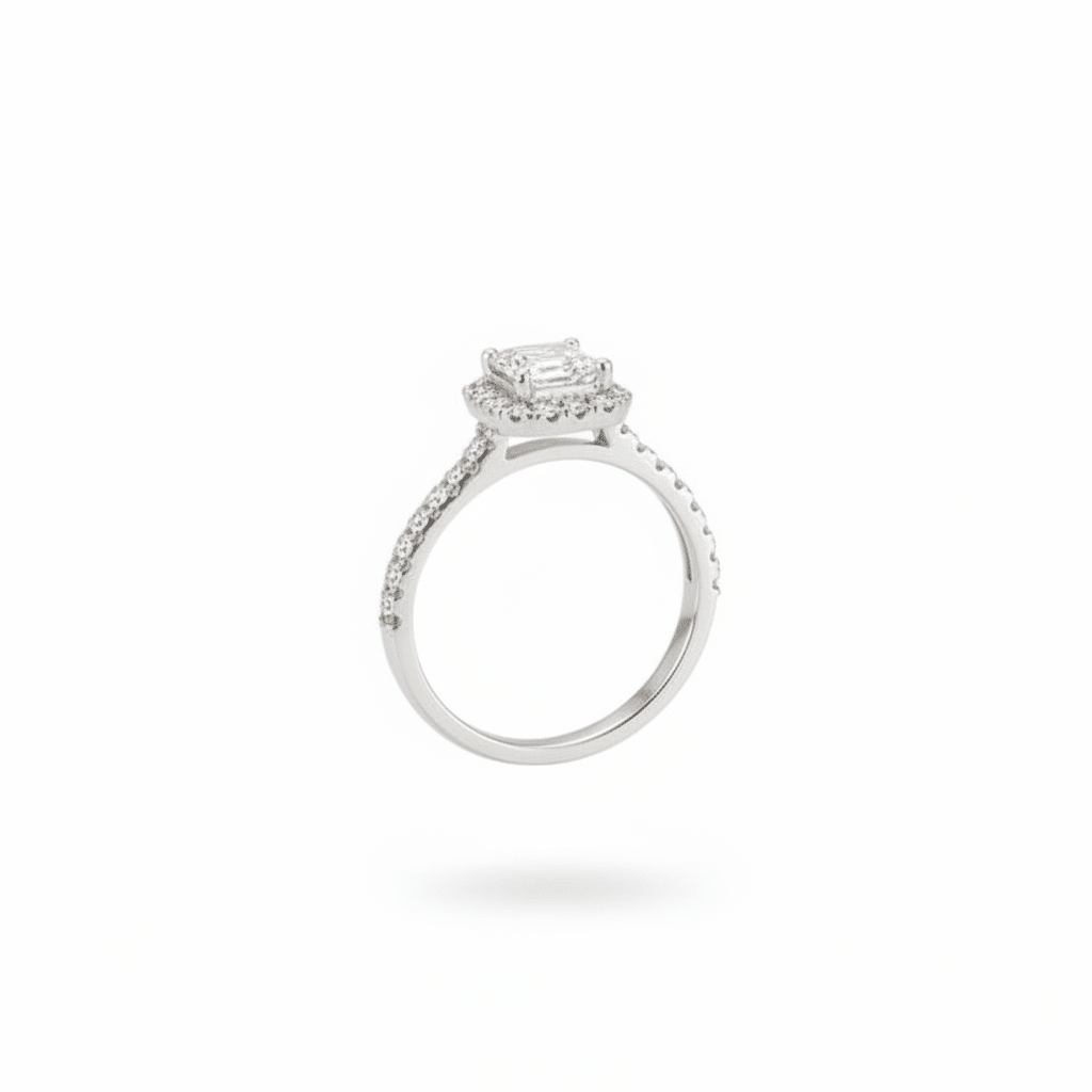 Lab Grown Diamonds 9CT white gold ring with a 1CT Asscher cut diamond, showcasing a sleek and elegant design.
