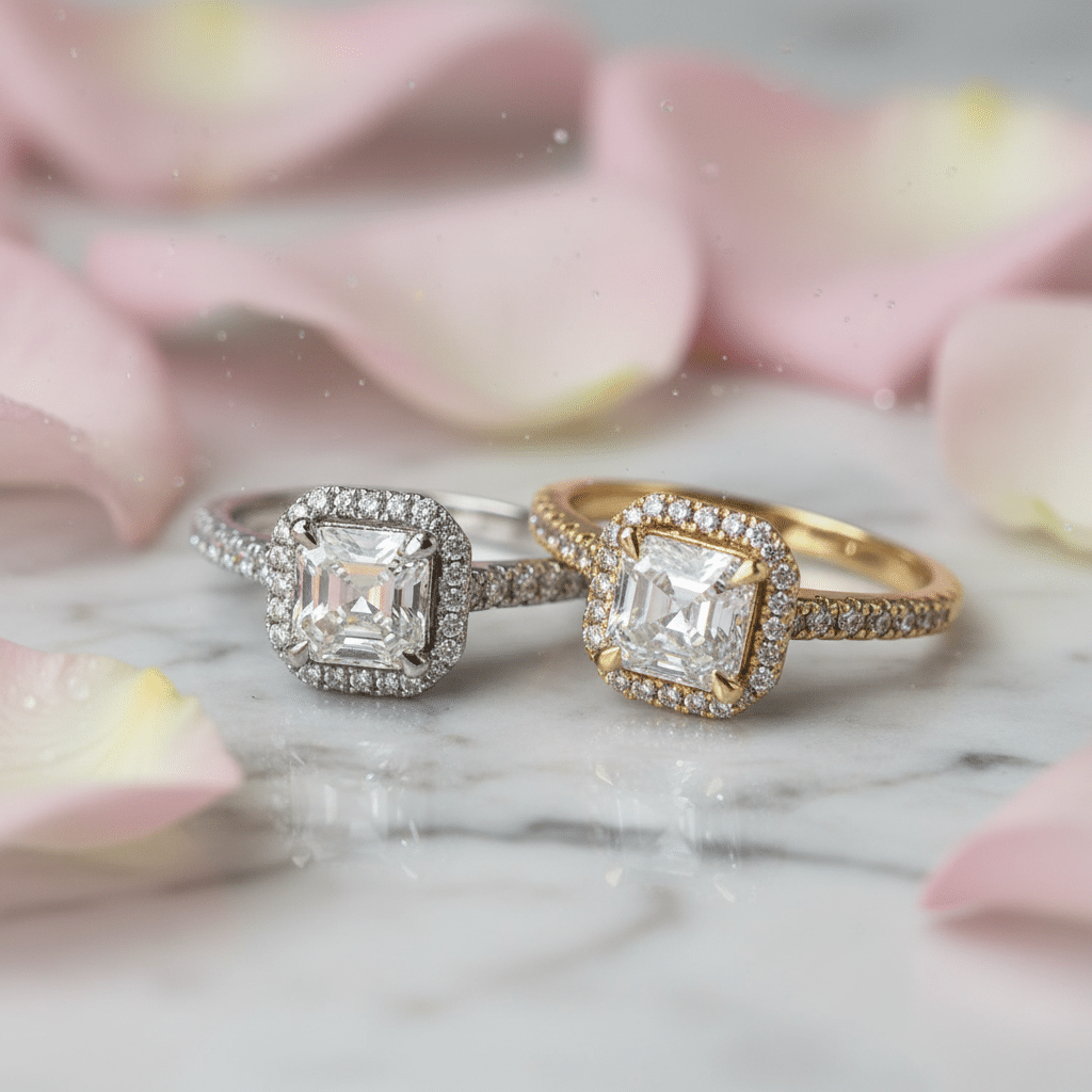 Lab Grown Diamonds 9CT yellow gold Asscher cut ring featuring a 1CT center diamond and intricate band design.