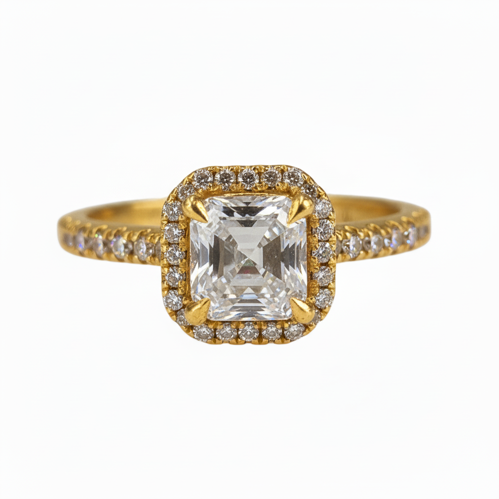 Lab Grown Diamonds 9CT yellow gold Asscher cut ring with 1CT diamond, showcasing a sparkling, elegant design.