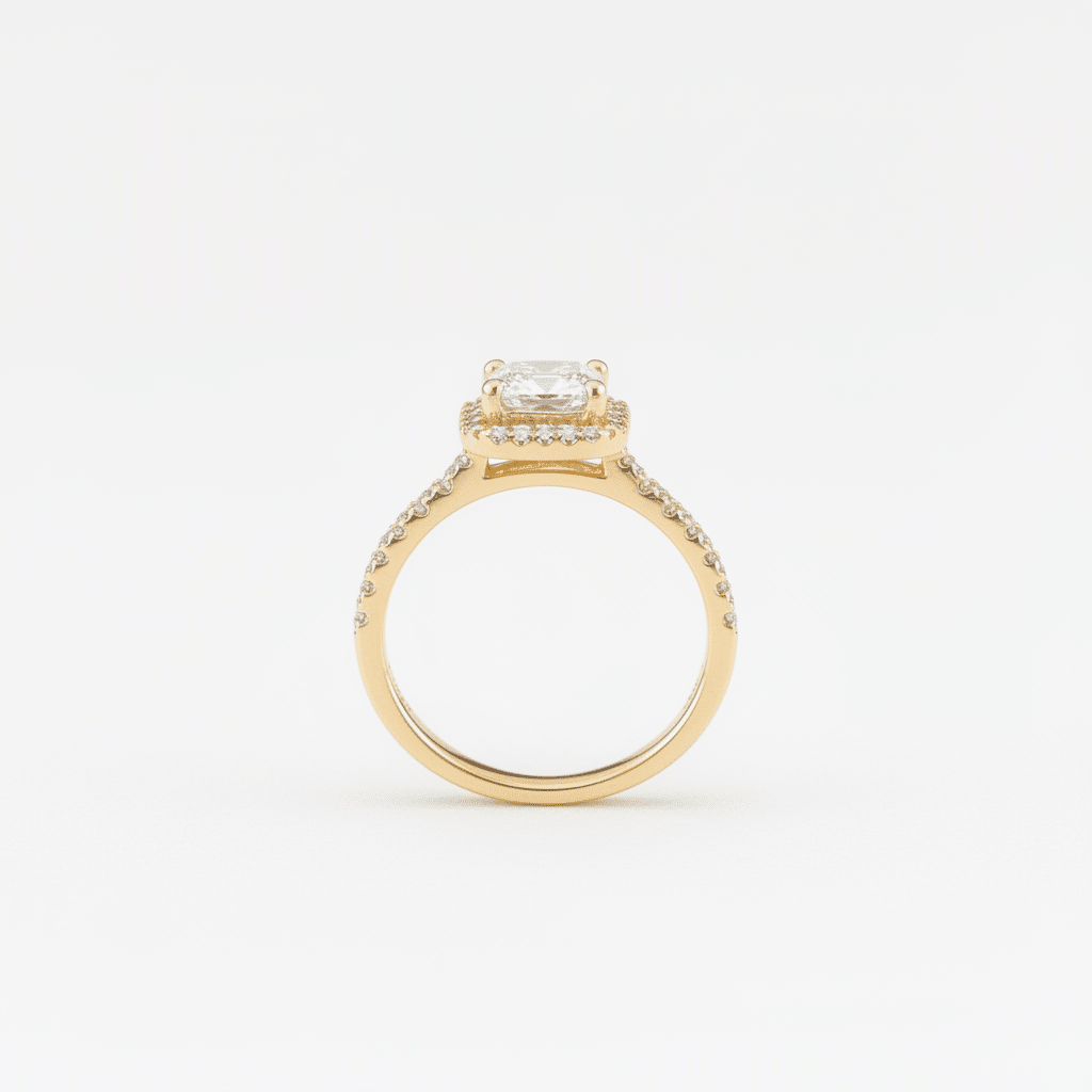 Lab Grown Diamonds 9CT yellow gold ring with 1CT Asscher cut diamond, showcasing elegant craftsmanship and sparkling clarity.