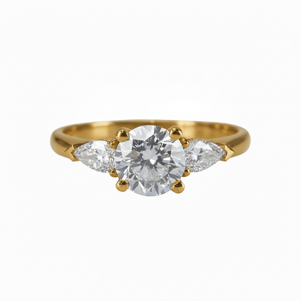 Lab Grown Diamonds 9CT yellow gold ring featuring a 1CT round pear-shaped diamond for elegant jewelry.