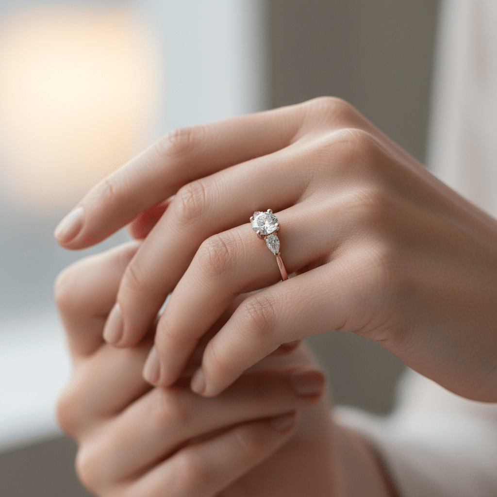 Lab Grown Diamonds 9CT yellow gold ring featuring a 1CT round and pear-shaped diamond for elegant jewelry.