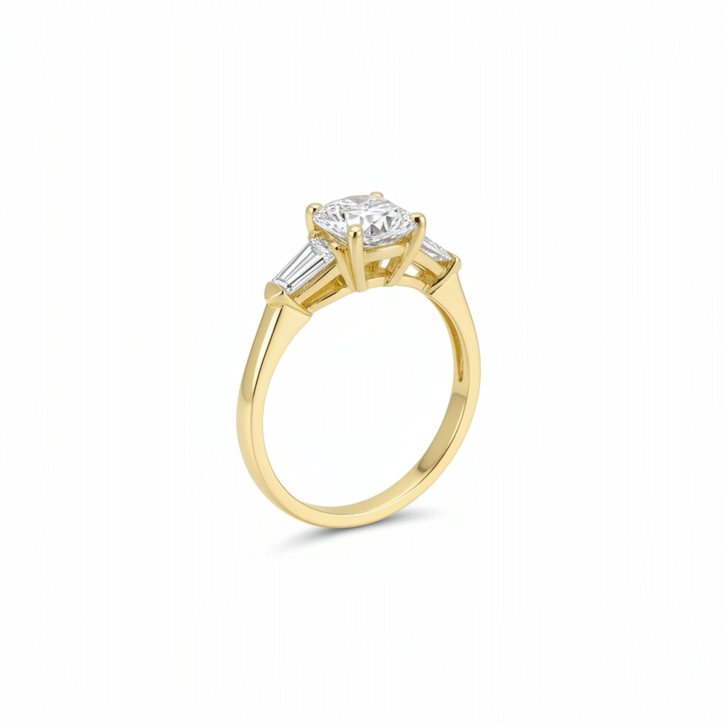 Lab Grown Diamonds 9CT yellow gold ring with a 1CT round pear-shaped diamond setting, elegant and sparkling jewelry piece.