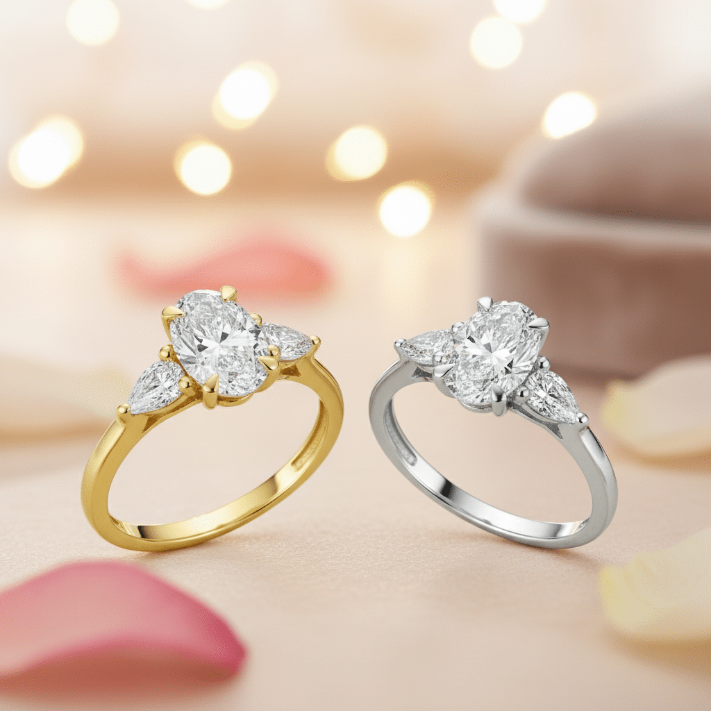 Lab Grown Diamonds 9CT white gold ring featuring a 1CT oval pear-shaped diamond center.