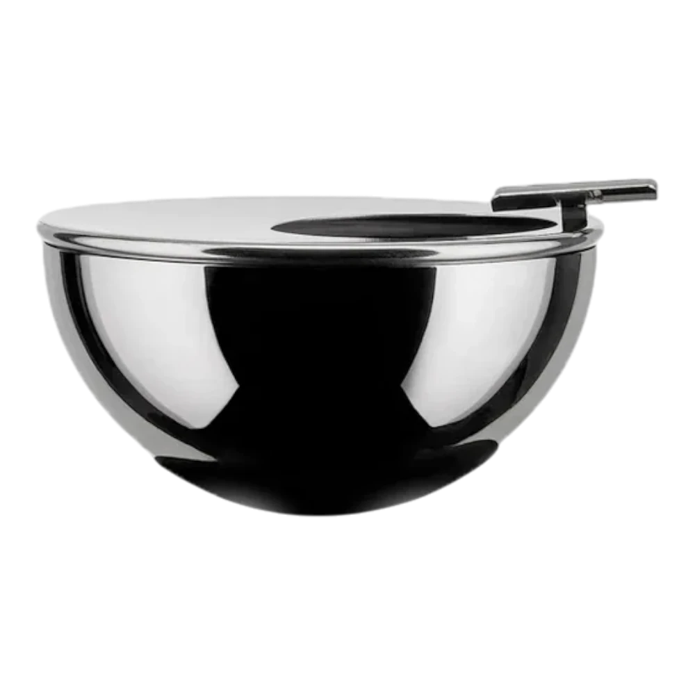 Alessi Brandt stainless steel ashtray with a sleek, modern design and polished finish, featuring a round shape with groove details.
