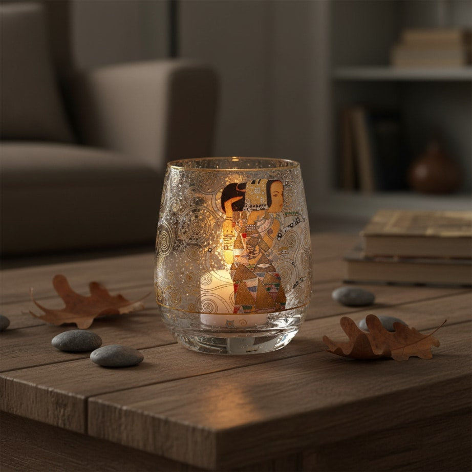 Goebel Gustav Klimt Expectation tealight holder, 9.5cm, by Spilhaus featuring intricate design and decorative ceramic craftsmanship.