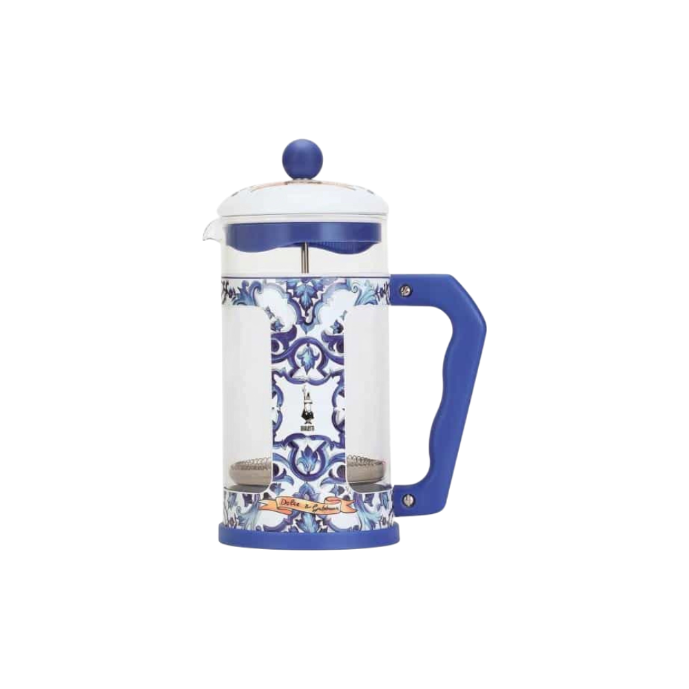 Blue Mediterraneo Dolce and Gabbana coffee press by Bialetti with 350ml capacity, featuring a stylish design and durable glass and metal construction.