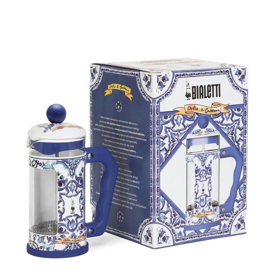 Blue Dolce and Gabbana 350ml coffee press by Bialetti, with a stylish Mediterranean-inspired design and glass carafe.
