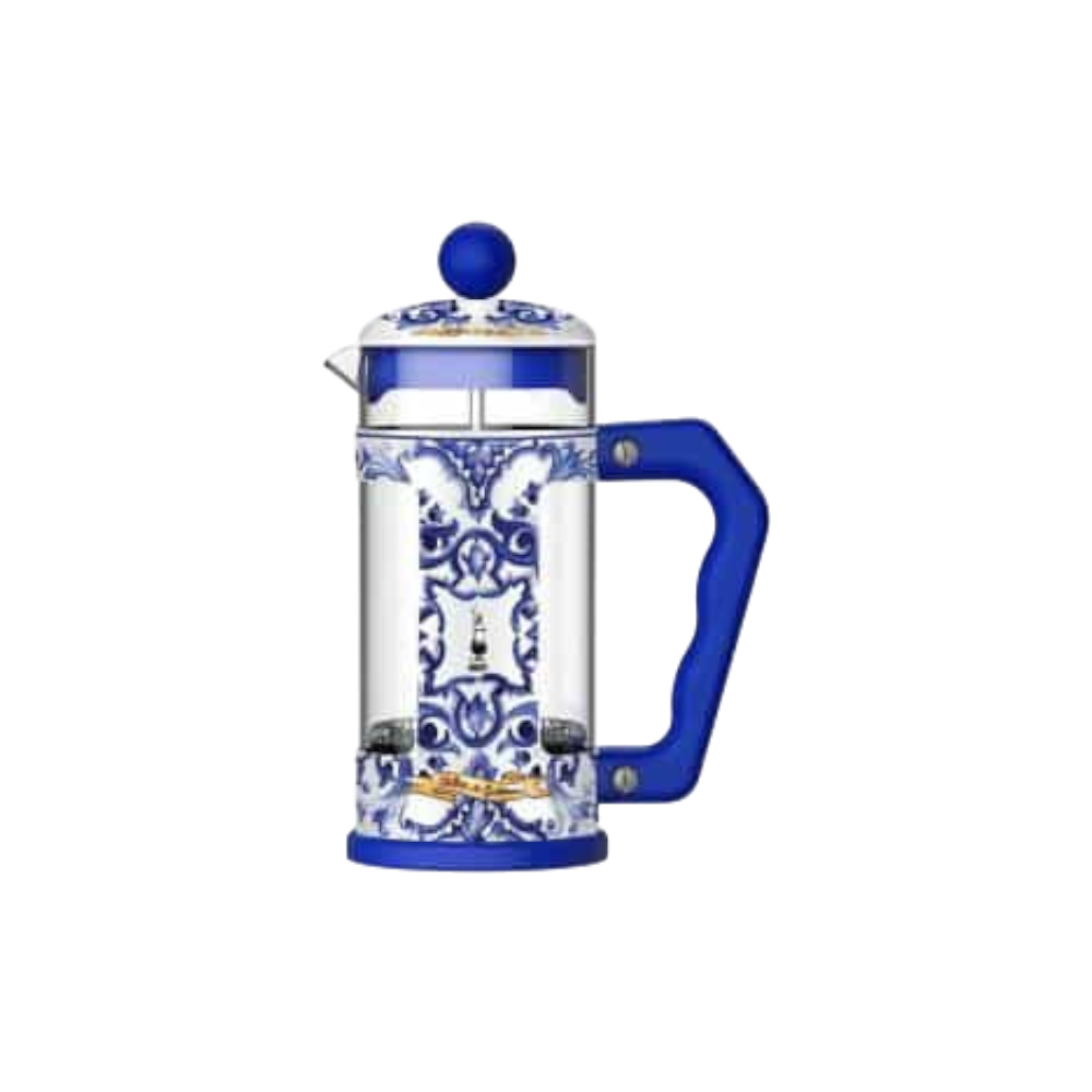Blue Dolce and Gabbana 1L coffee press by Bialetti with sleek design and stainless steel filter for rich coffee brewing.