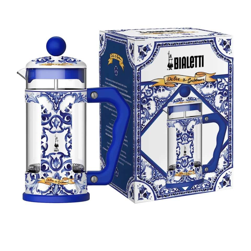 Bialetti Dolce and Gabbana Blue Mediterraneo 1L coffee press with a sleek blue ceramic finish and stainless steel filter.