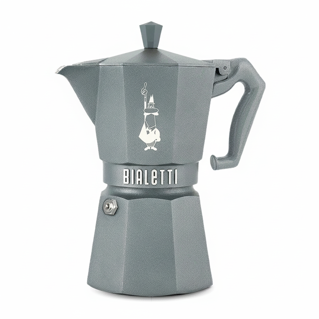 Grey Bialetti Moka Exclusive Induction 6-cup stovetop coffee maker with sleek design and durable construction.