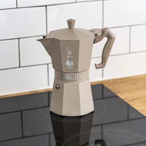 Bialetti Moka Exclusive Induction 6-cup dessert coffee maker with polished stainless steel finish.