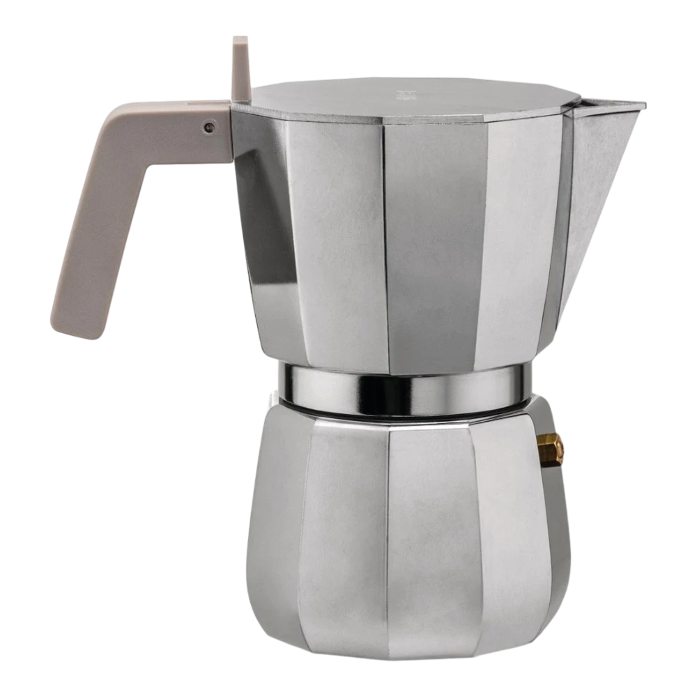 Alessi Moka 6-Cup Espresso Maker in stainless steel with sleek handle and lid, designed for stovetop brewing.
