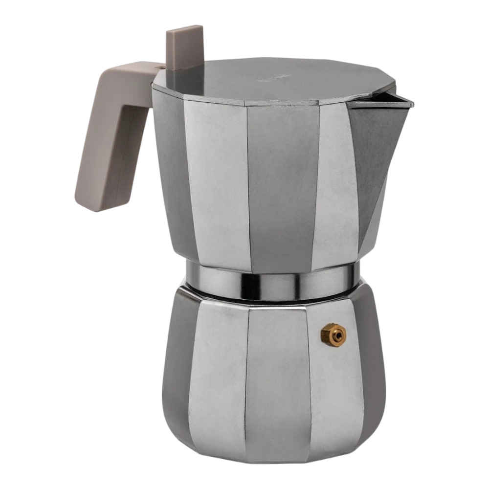 Alessi 6-cup Moka espresso maker in polished stainless steel, with handle and lid, designed for brewing rich espresso at home.