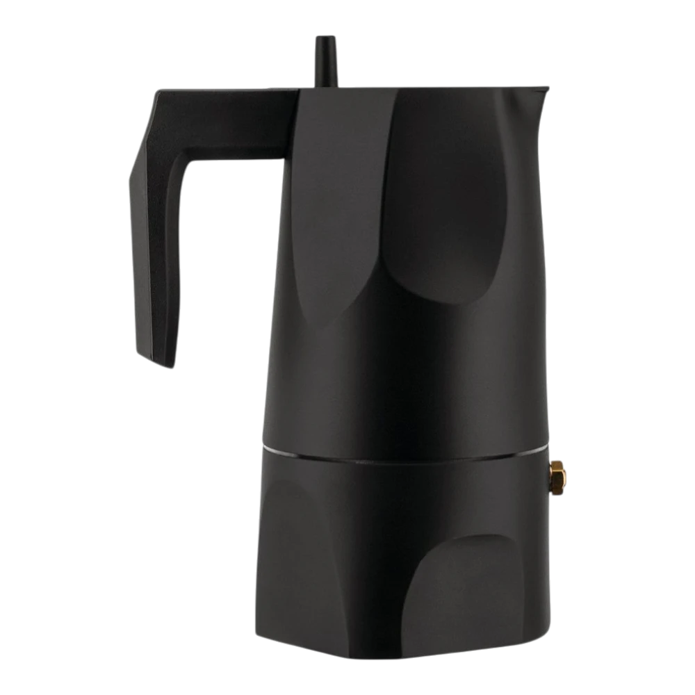 Alessi Moka Ossidiana black 3-cup espresso maker with sleek design and stainless steel handle for stovetop brewing.
