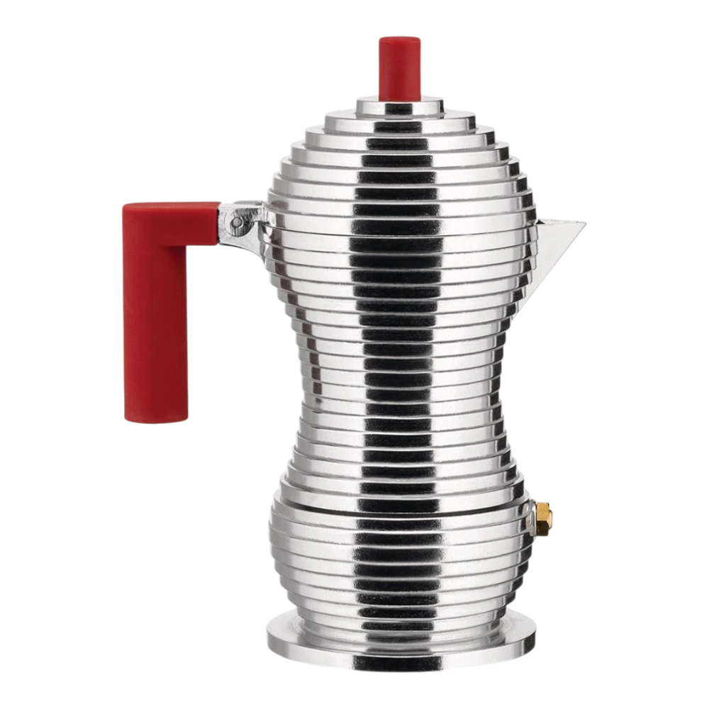 Red Alessi Pulcina 1-cup espresso maker with ergonomic handle and distinctive geometric design.