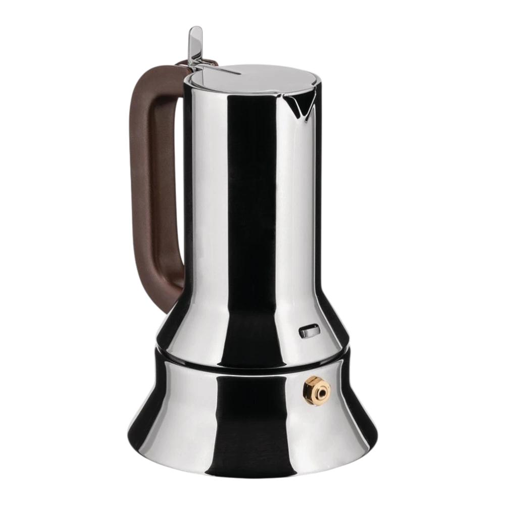 Alessi 9090 Perforated Handle Espresso Maker with black handle and stainless steel body, designed for brewing rich espresso.