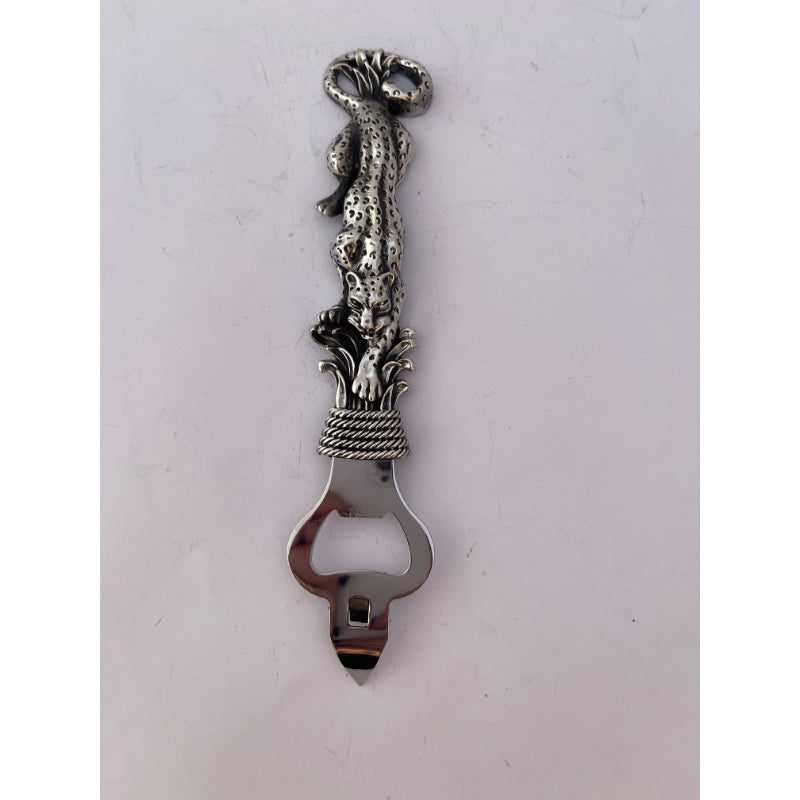 Earth Angel leopard bottle opener featuring a stylish leopard print design and sturdy metal construction.