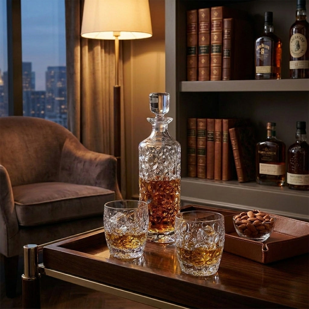 Bohemia Crystal Lisboa 750ml decanter with intricate glass design and elegant stopper, showcasing fine craftsmanship.