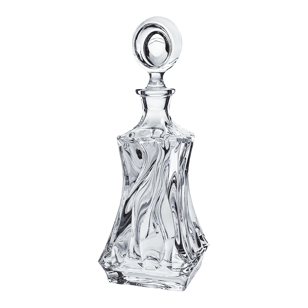 Bohemia Crystal decanter with bamboo accents, 800ml capacity, clear glass with elegant design and stopper for storing spirits or wine.