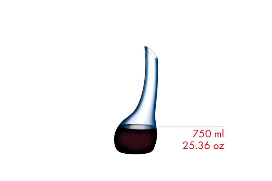 Riedel Cornetto Convetti Blue decanter with curved glass design for wine aeration and serving.
