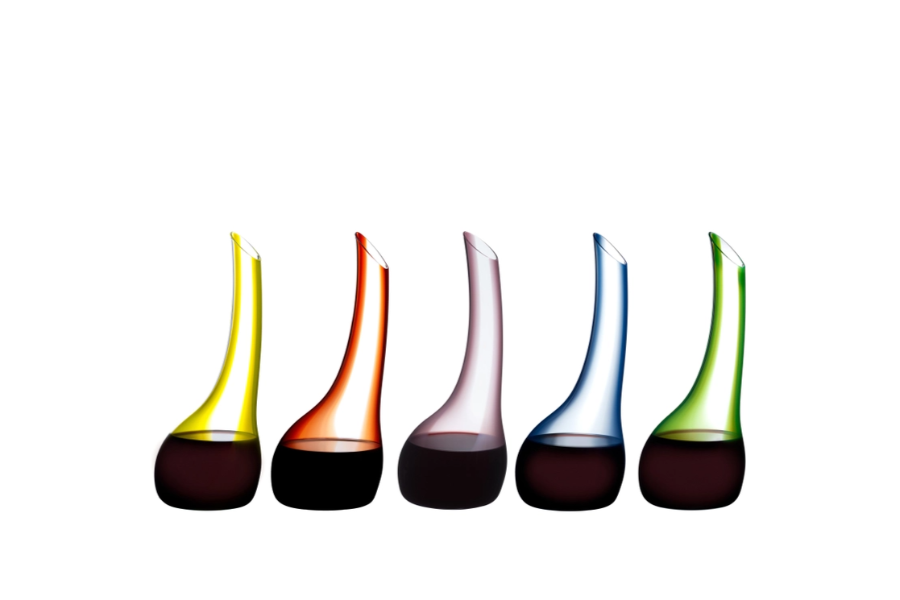 Riedel Cornetto Convetti Blue glass decanter with elegant curved design for wine or spirits display.