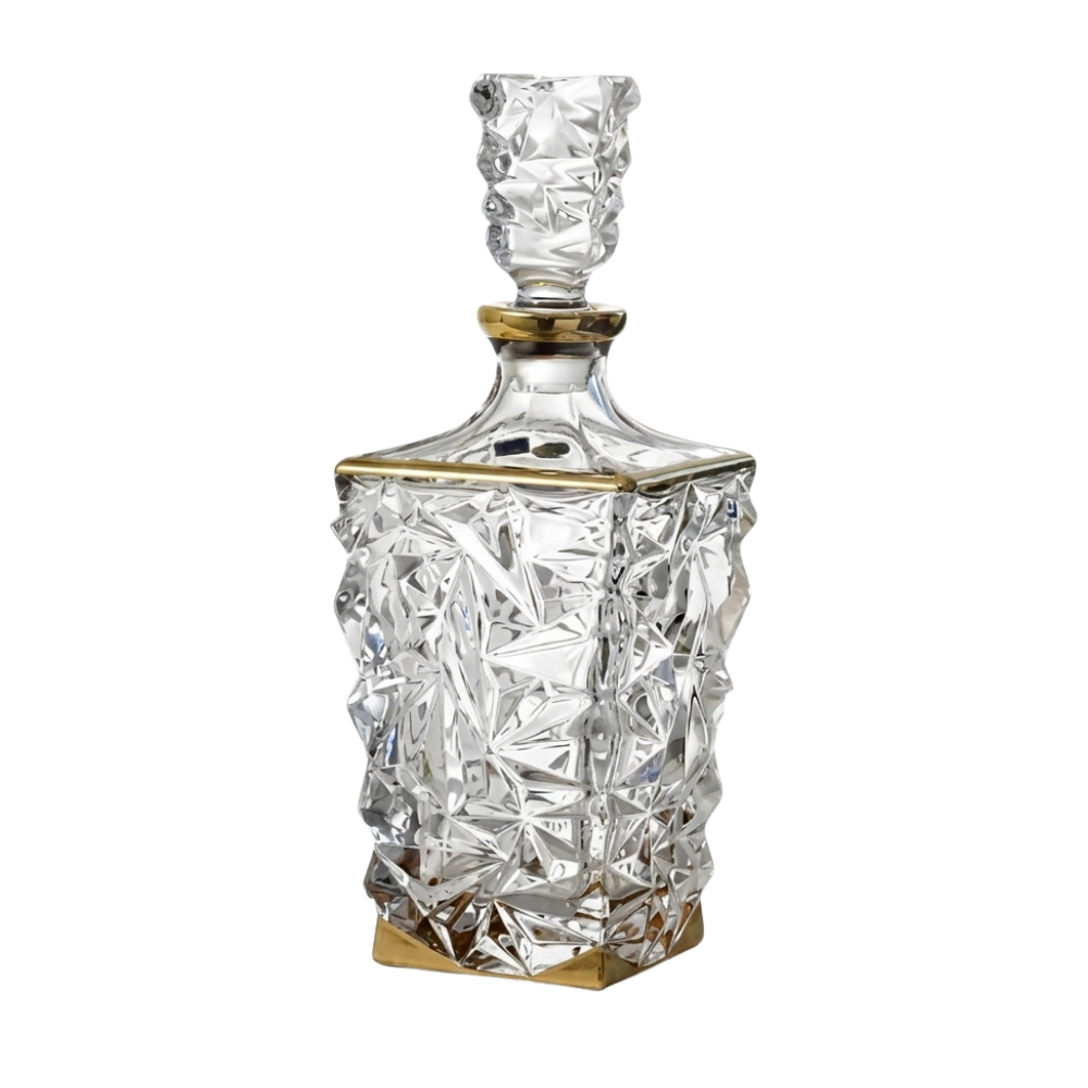 Bohemia Crystal Glacier decanter with gold rim, 900ml, elegant glass decanter for spirits or wine, featuring a clear, refined design.