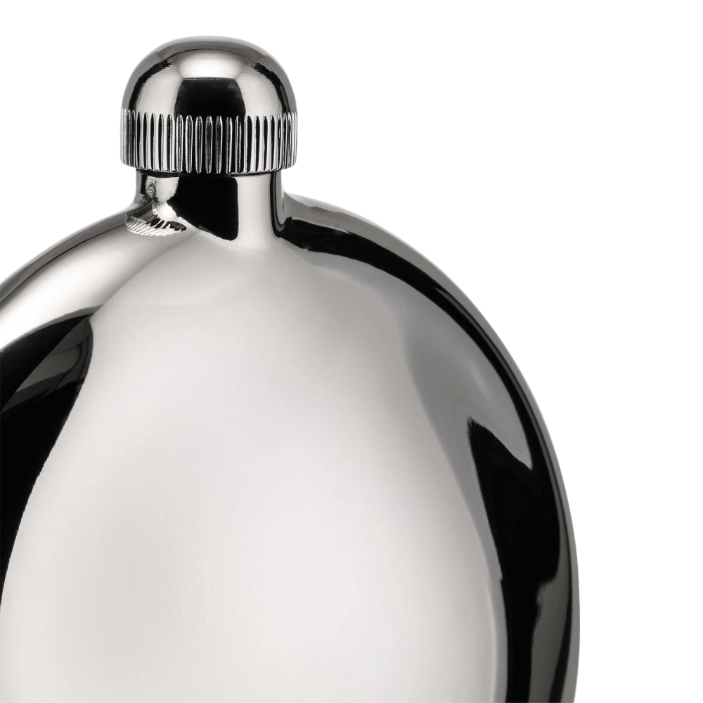 Alessi Shot Hip Flask with stainless steel body and black leather wrap, compact and stylish for on-the-go use.