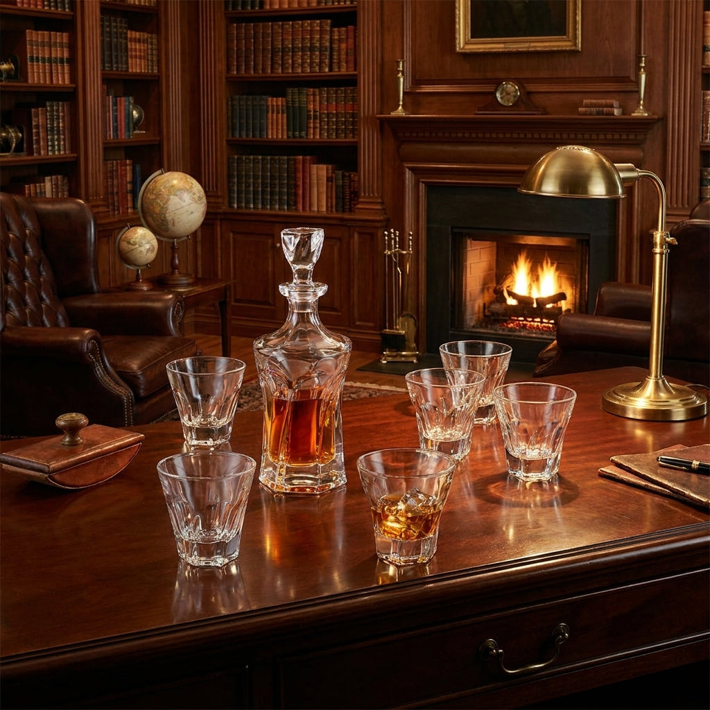 Bohemia Crystal Apollo 7-piece Spirit Set with elegant crystal glasses and decanter for serving spirits and liquor.