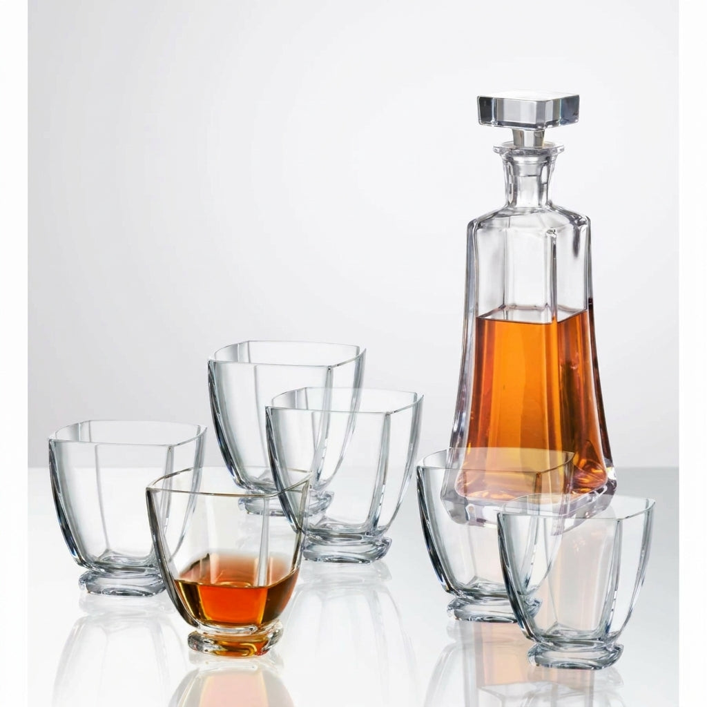 Bohemia Crystal Bohemia Spirit Arezzo 7-piece glassware set with clear crystal glasses on a wooden surface.