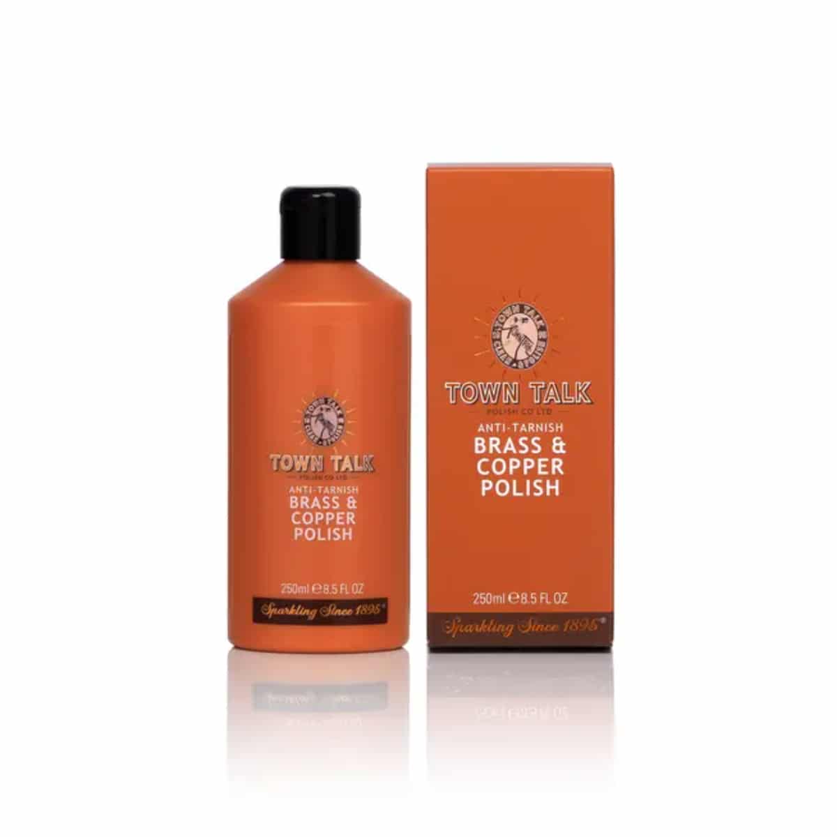 Town Talk Brass and Copper Polish bottle, 250ml, with a shiny brass and copper finish, ideal for cleaning and polishing metal surfaces.