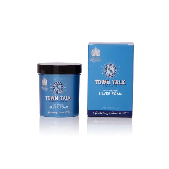 Town Talk Anti-Tarnish Silver Foam in a 275g container, showing the silver cleaning foam with a spoon and foam spread on a surface.