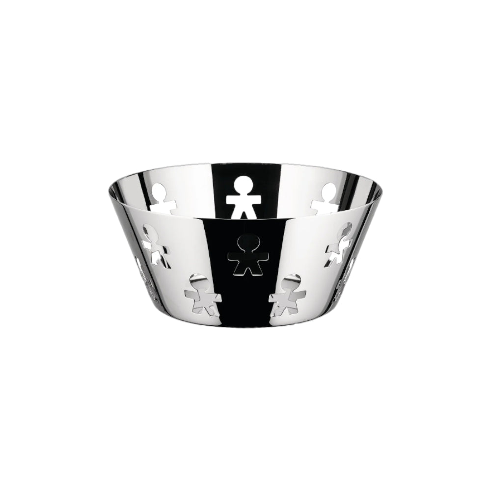 Alessi Girotondo stainless steel basket, 20.5cm, with a decorative openwork design and polished finish, ideal for serving or display.