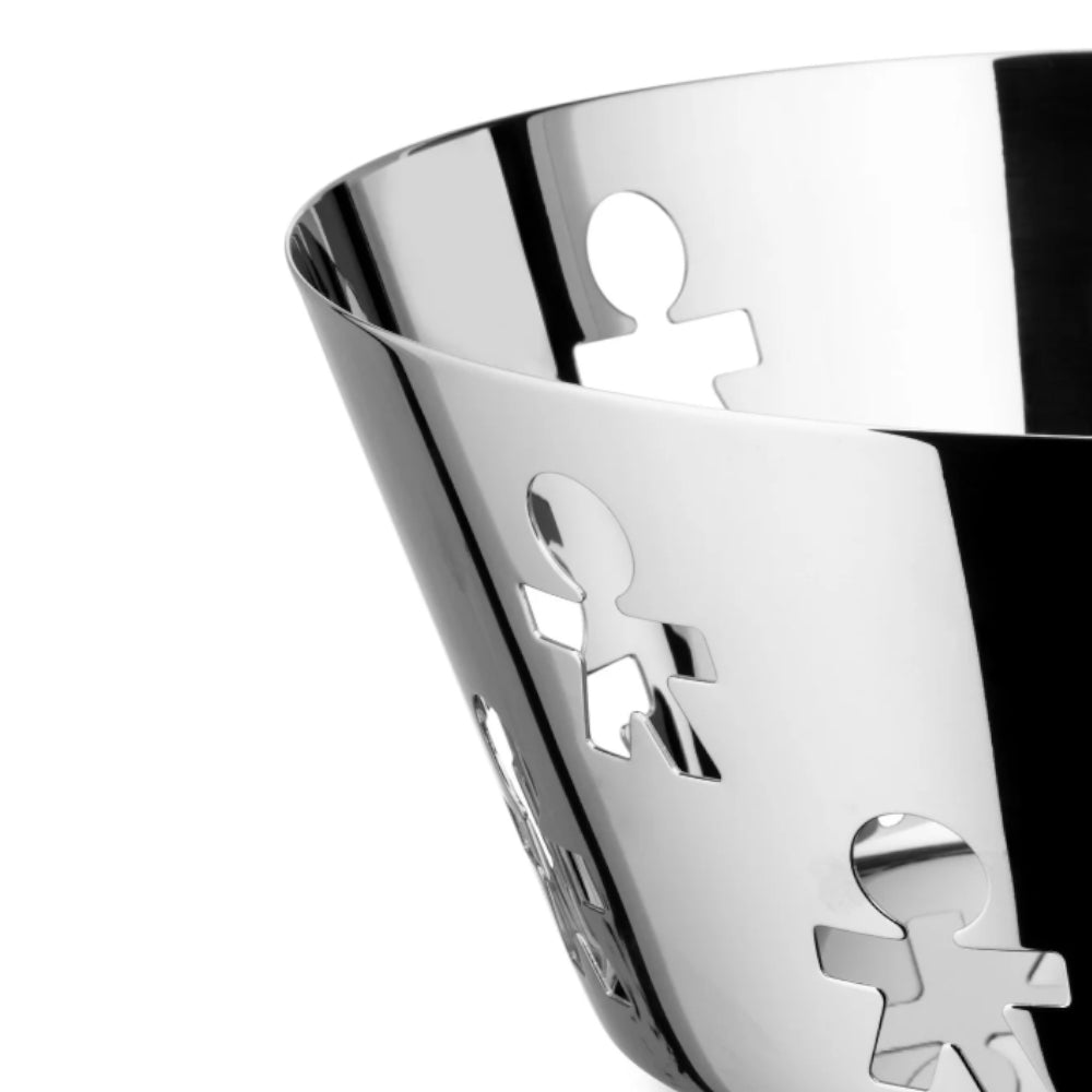 Alessi Girotondo stainless steel basket with 20.5cm diameter, featuring a modern, open wire design for fruit or bread storage.