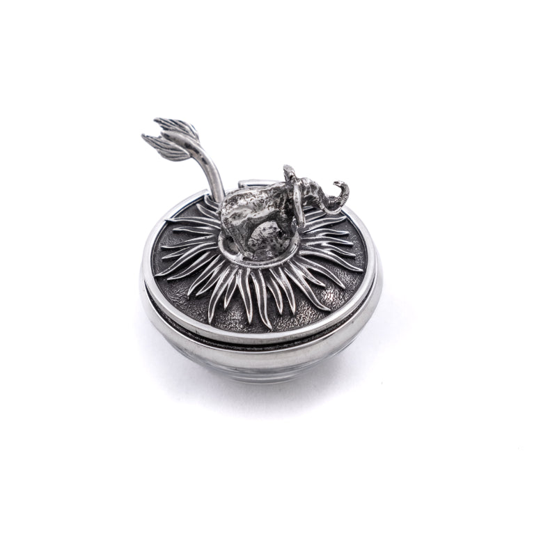 Earth Angel elephant lid bowl with matching spoon, featuring a cute elephant design and colorful ceramic finish.