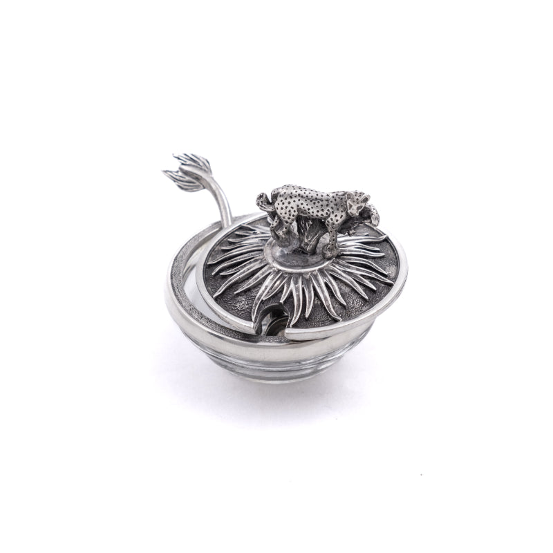 Earth Angel leopard lid bowl with matching spoon, featuring a decorative animal print design on ceramic dish and utensil.