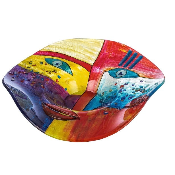 Multicolored Gilde Glassart bowl featuring a face motif with intricate design and vibrant colors, showcasing modern glass craftsmanship.