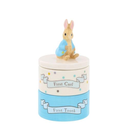 Beatrix Potter ceramic tooth and curl set featuring Peter Rabbit, with detailed pastel-colored illustrations and delicate craftsmanship.