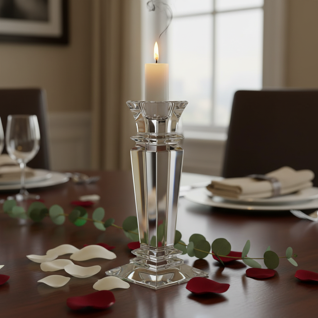 Kolglass Julia single candlestick holder, 15cm tall, with a clear glass design and a wide base for stability.
