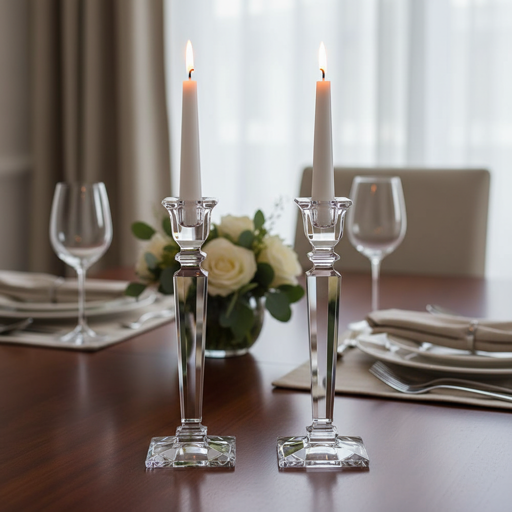 Set of two Bohemia Crystal Carla candlesticks, 255mm tall, featuring elegant, clear glass design with intricate detailing.