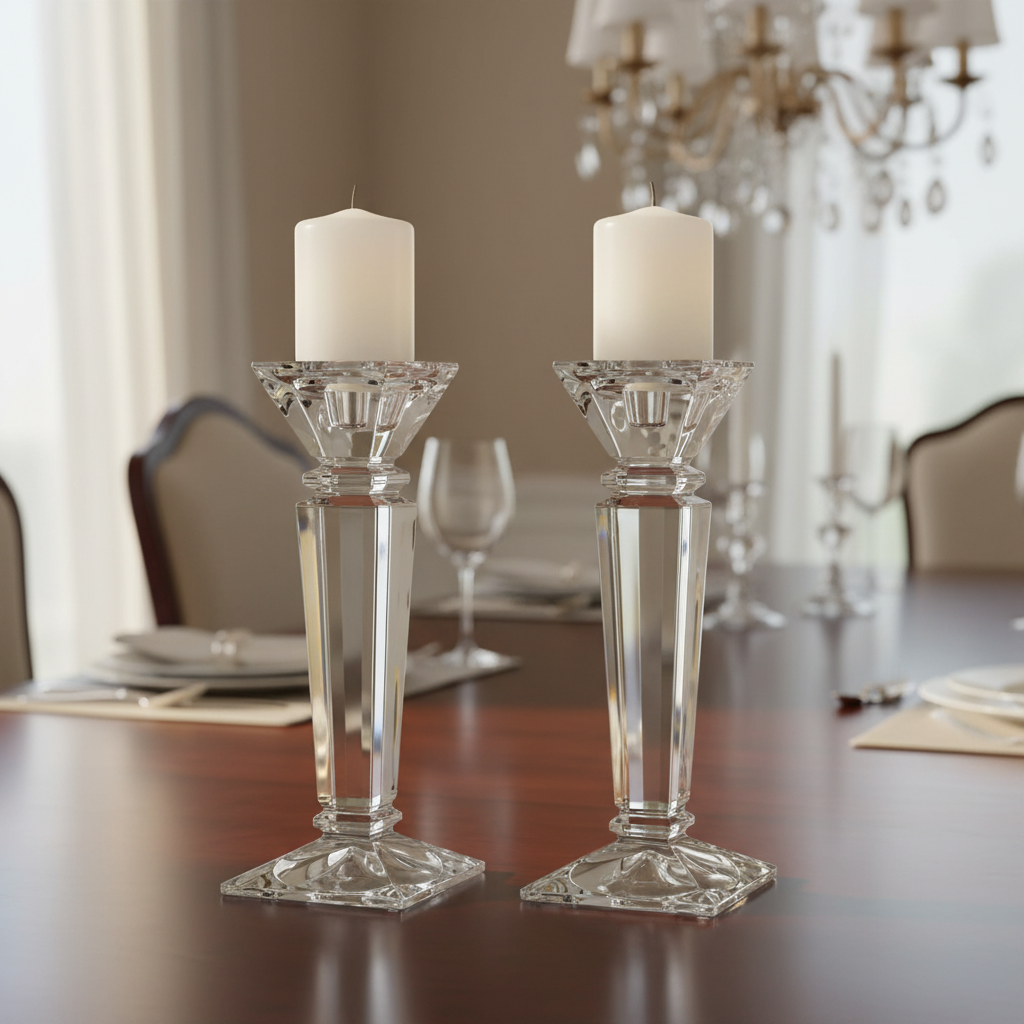 Set of two Bohemia Crystal Empery candlesticks, 300mm tall, with elegant, clear glass design for decorative lighting.