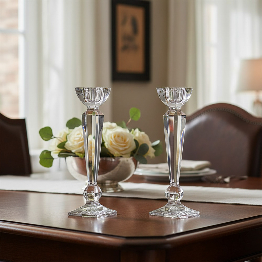 Set of two Bohemia Crystal Olympia 255mm candlestick holders with elegant glass design, perfect for classic home decor.
