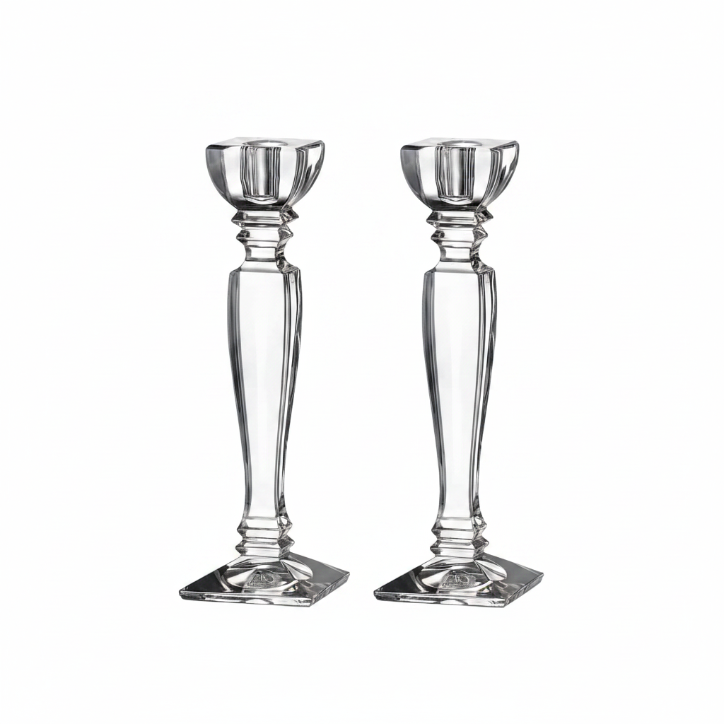 Set of two Bohemia Crystal Roxana 255mm candlesticks with elegant glass design.