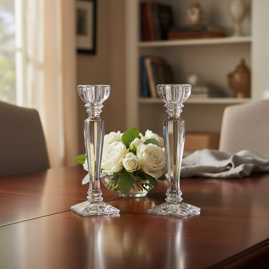 Set of two Bohemia Crystal Roxana candlesticks, 255mm tall, featuring elegant clear glass with intricate design details.