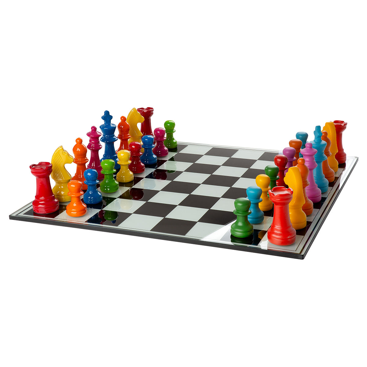 Multicolored glass Gilde chess set with intricately designed chess pieces on a smooth playing surface.