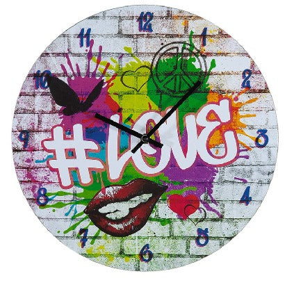 Multicolored round Gilde wall clock with love graffiti design on MDF surface, modern and artistic home decor piece.