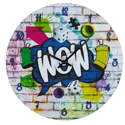 Round Gilde wall clock with multicolored graffiti design on MDF surface, featuring a vibrant, modern wow motif.