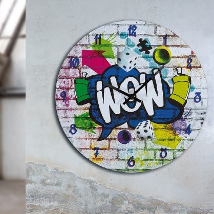 Colorful Gilde round wall clock with graffiti motif, featuring a vibrant multicolored design on MDF surface.